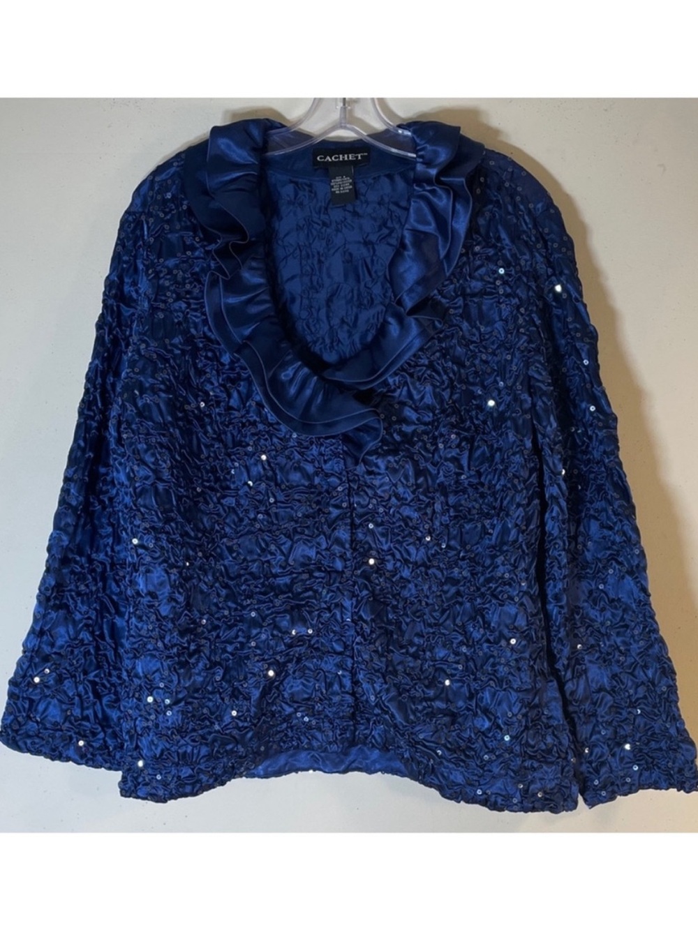 CACHET Glitter Sequined Deep Blue Satin Ruffled Blazer. 8.